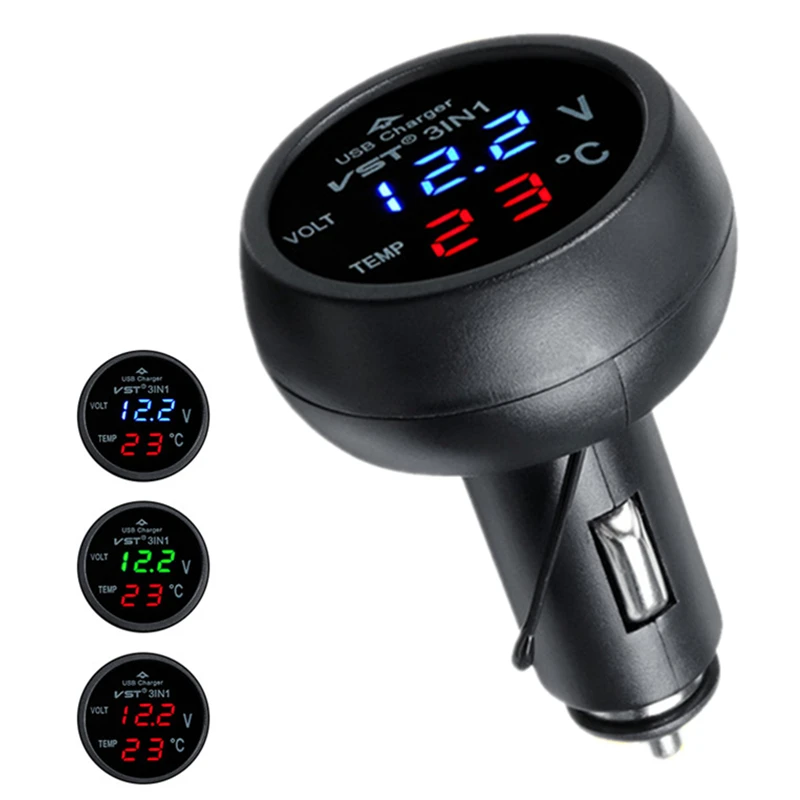 3-in-1 USB Auto-Ladegerät mit Voltmeter und Thermometer, 12/24 V