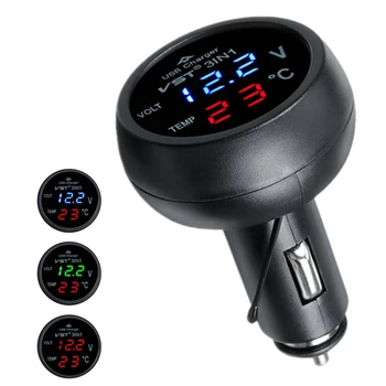 3-in-1 USB Auto-Ladegerät mit Voltmeter und Thermometer, 12/24 V