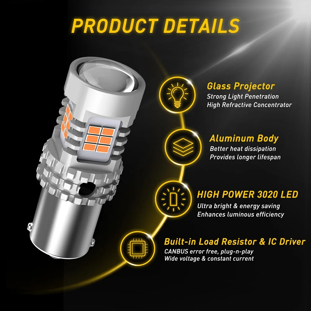 AUXITO 2 Stück BA15S P21W LED Kein Hyper-Flash Gelb 1156 BAU15S PY21W – Bild 2