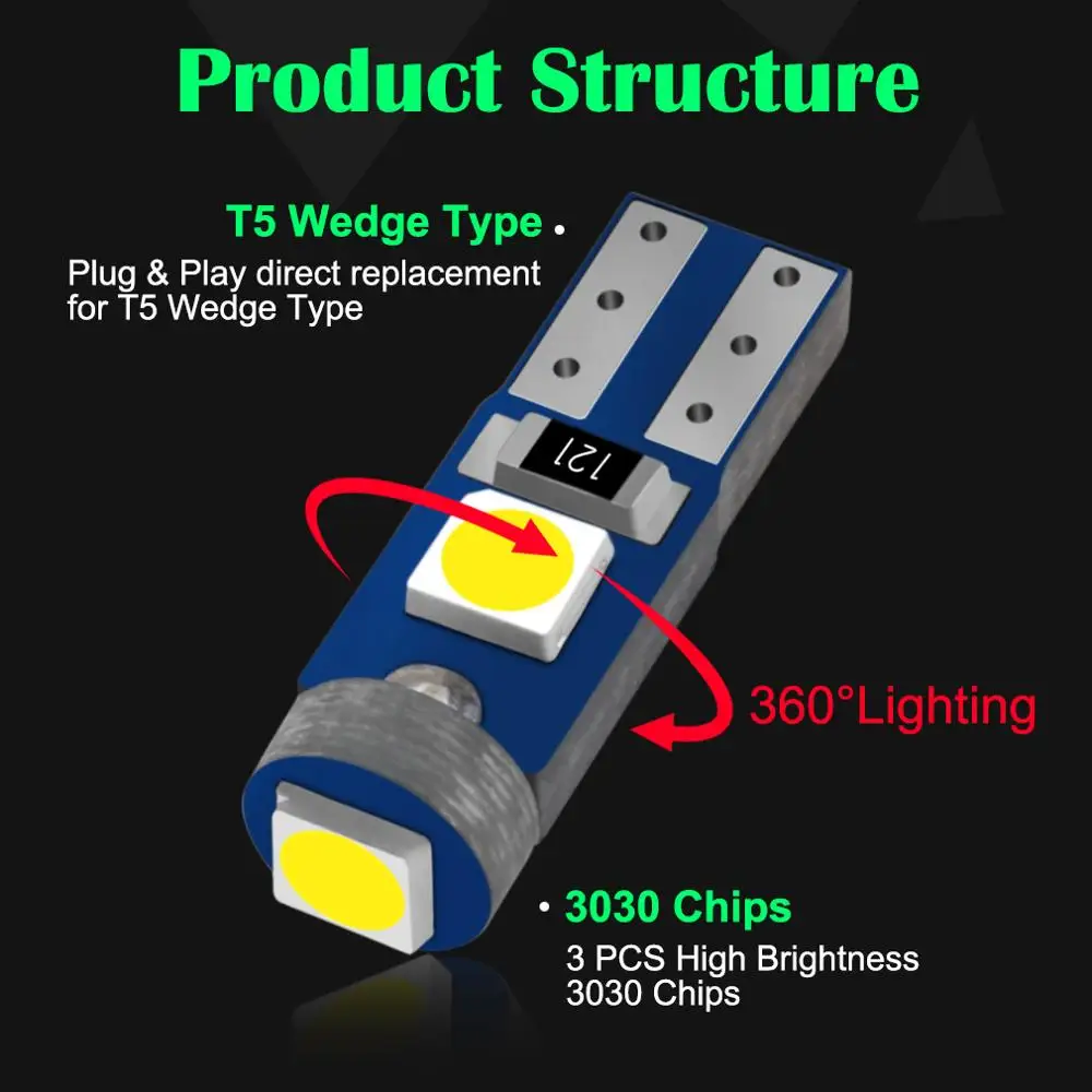 T5 Led-lampe W3W W1,2 W Led Canbus Auto Innen Lichter (10 Stück) – Bild 3