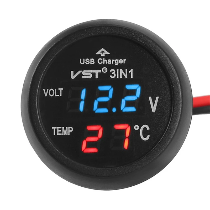 3-in-1 USB Auto-Ladegerät mit Voltmeter und Thermometer, 12/24 V