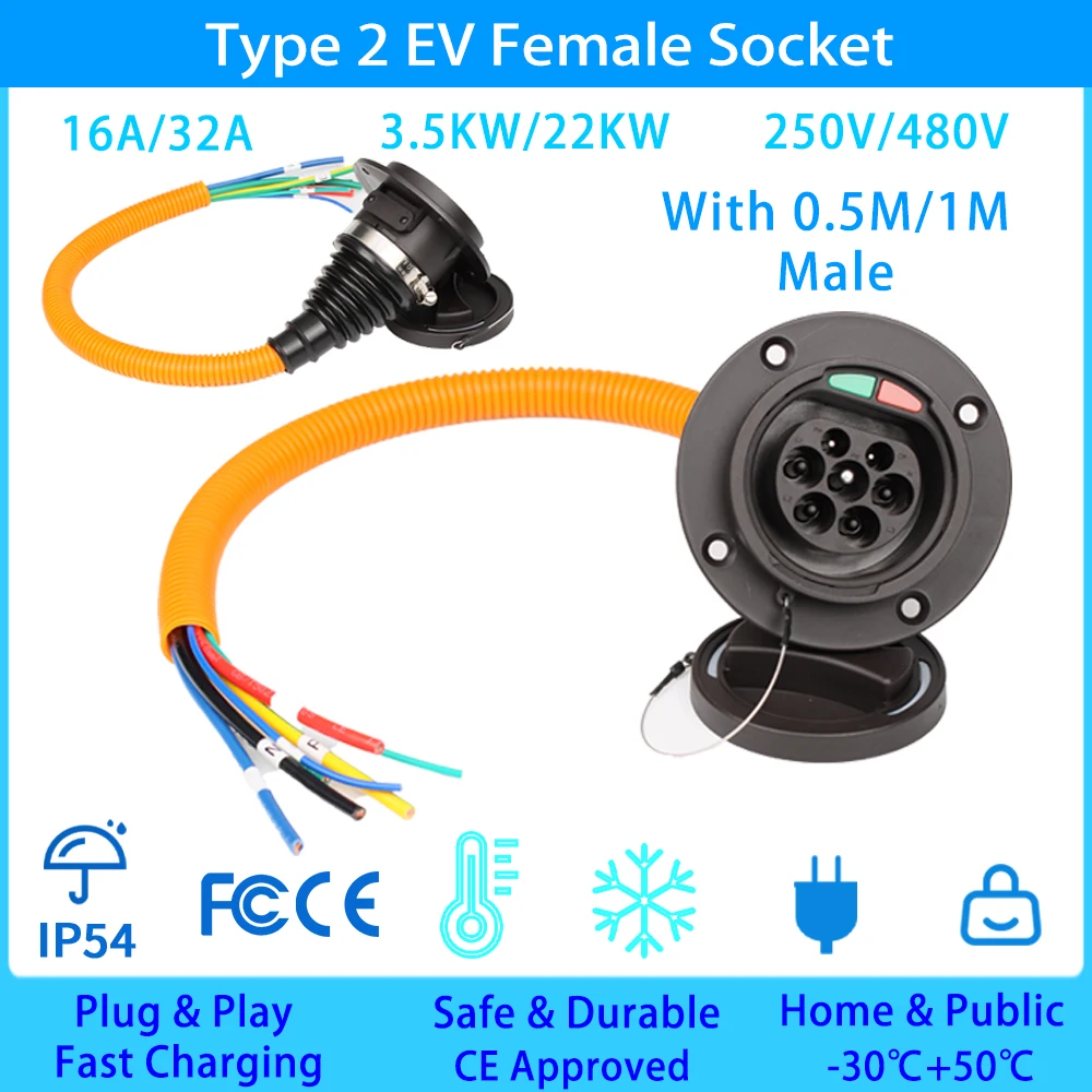 Typ2 EV-Ladebuchse 16A 32A 7KW Ein- oder Dreiphasig mit 0,5M Kabel IEC – Bild 4