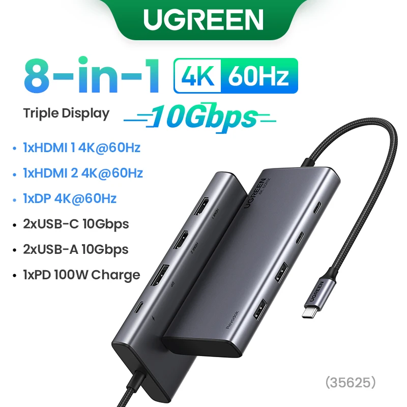 USB-C Hub 8-in-1 für 3 Bildschirme mit HDMI, DP, USB 3.2 und 100 W PD