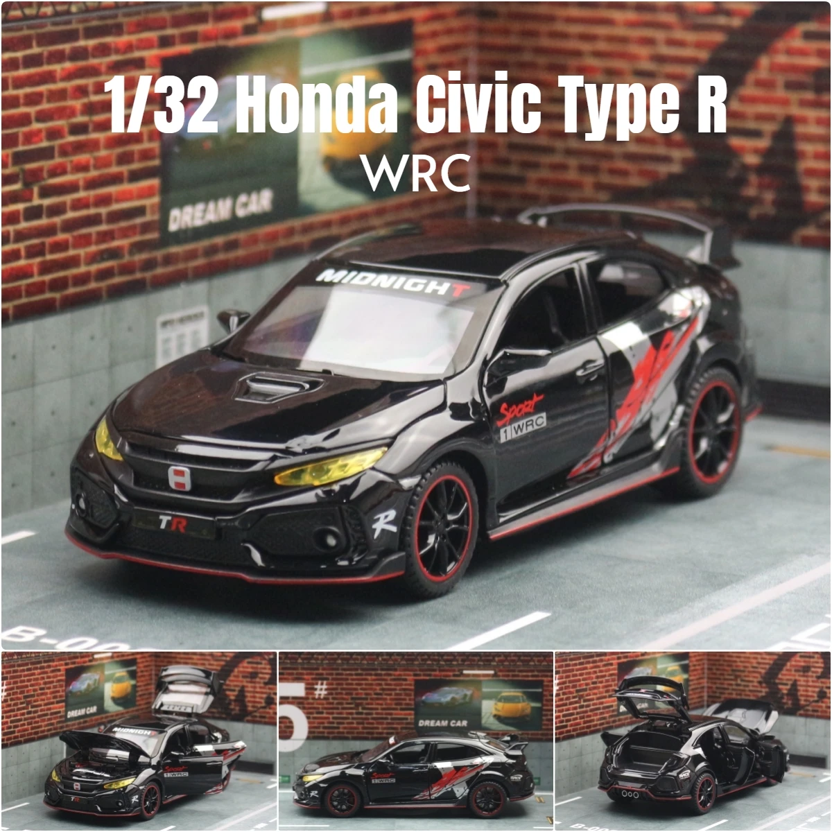 1/32 Honda Civic Type R Spielzeugauto für Kinder, Druckguss-Miniaturmodell, Türen zurückziehen, zu öffnender