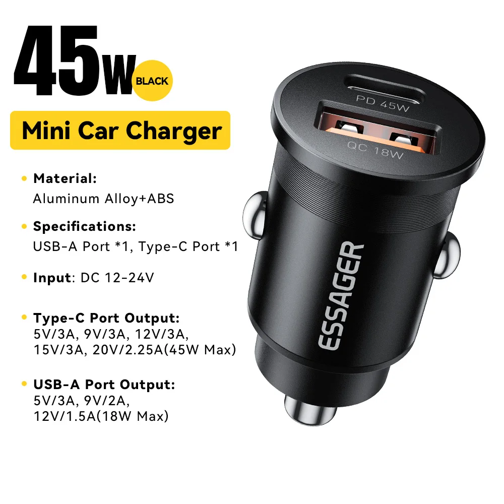 Mini Auto-Ladegerät 45 W mit USB-C, PD 3.0 und QC 3.0