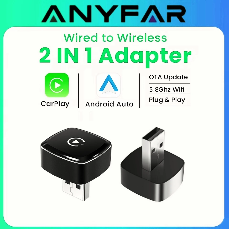 2026 Anyfar 2-in-1 Kabelloser CarPlay-Adapter & Android Auto Wireless-Adapter 5GHz WLAN USB Plug & Play