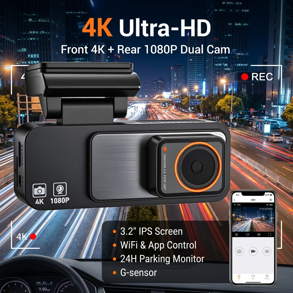 4K Ultra HD 3840*2160P Dashcam mit zwei Kameras, WLAN, Nachtsicht, G-Sensor, Parkmonitor, Auto-Straßenkamera