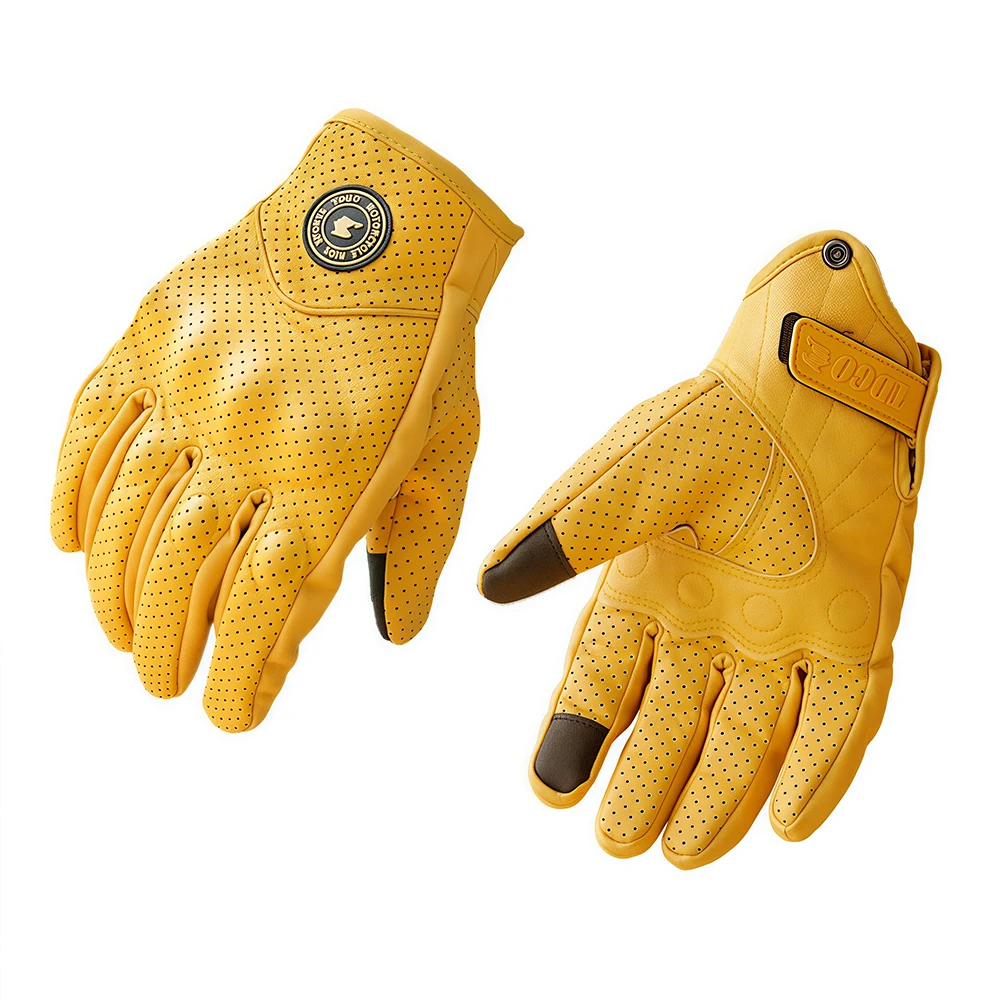 Gelbe atmungsaktive Motorrad-Rennhandschuhe, Sommer-Motocross-Handschuhe aus perforiertem PU-Leder für Männer