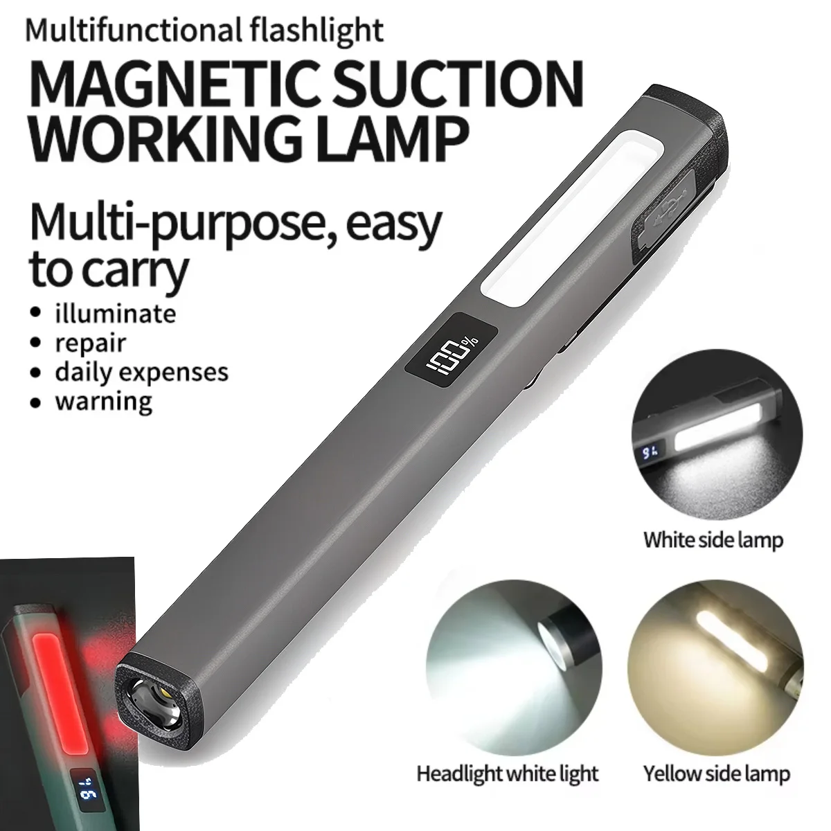 Magnetisches LED-Arbeitslicht, wiederaufladbare Stiftlampe, duale Lichtquelle, rotes Warnlicht, wasserdicht