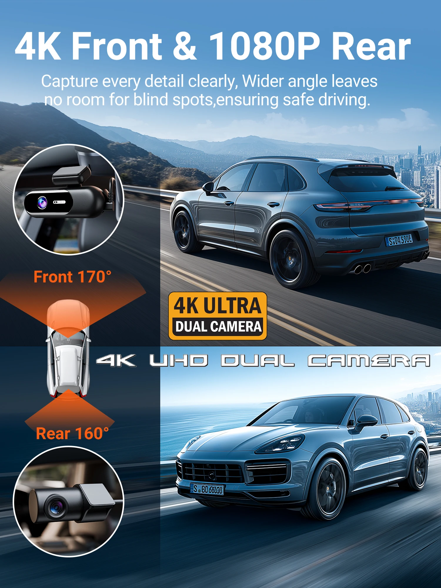 Dashcam für Autos 4K UHD Aufnahme Vorder- und Rückkamera HDR – Bild 2