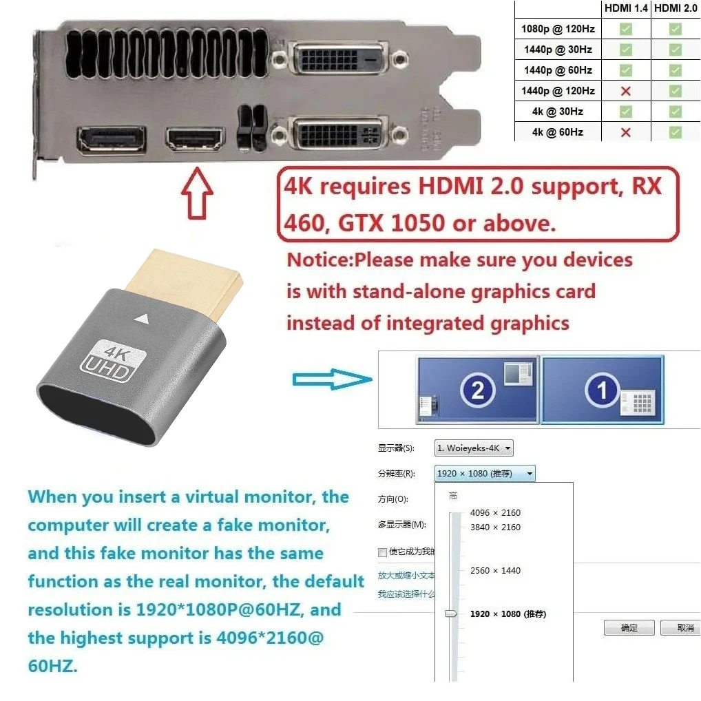 4K Virtual Monitor EDID Emulator HDMI-kompatibel 2,0 Dummy Stecker – Bild 2