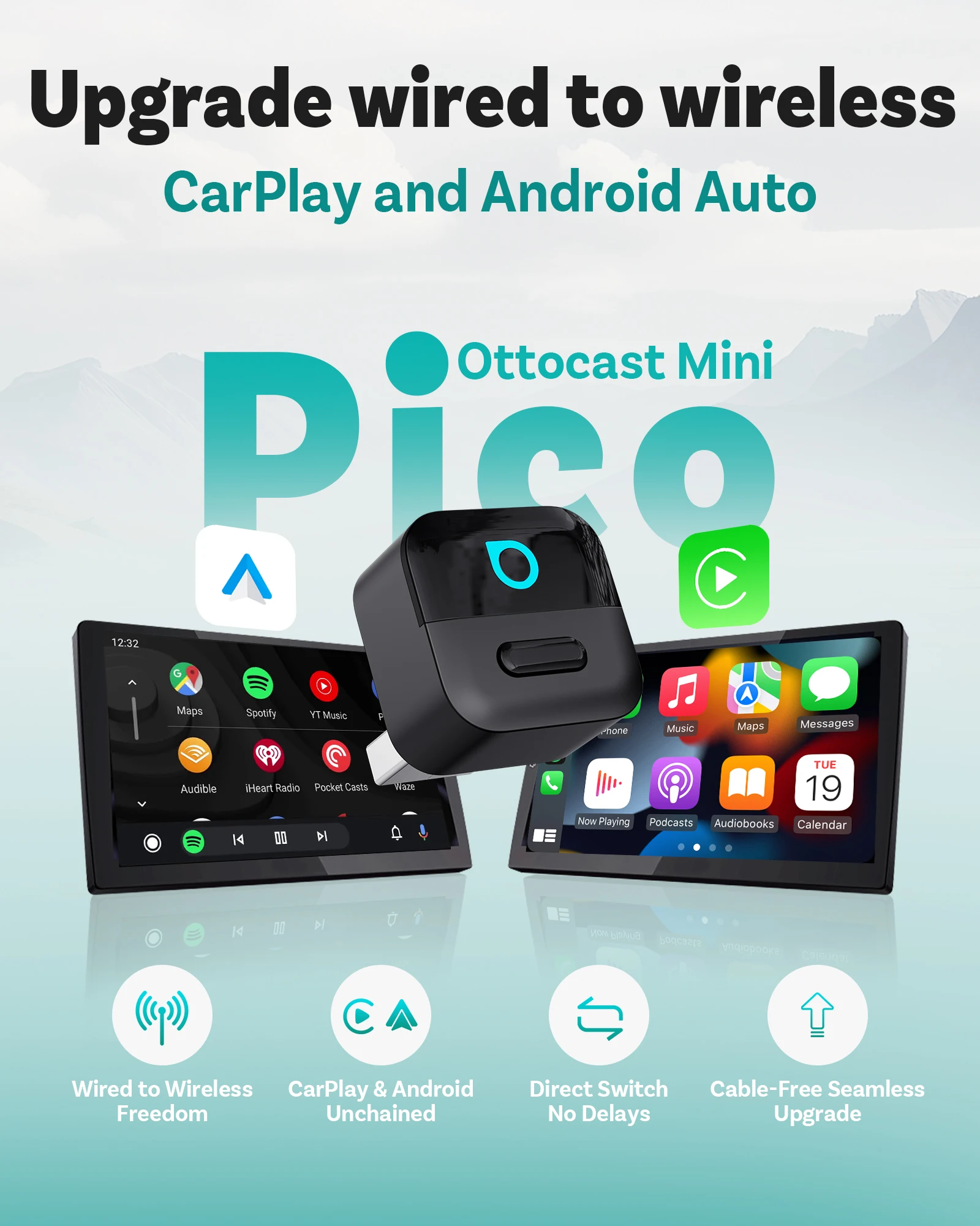 OTTOCAST Mini Pico 2in1 Wireless CarPlay Wireless Android Auto Adapter Wifi 6.0 Plug-and-Play-Dongle für 98%