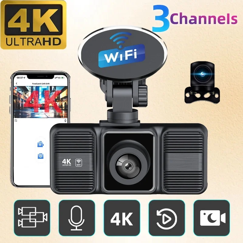 4K Dashcam 3-Linsen-Fahrrekorder WiFi Auto-DVR Vorne Innen Hinten Dreifachkamera 2160P UHD Videorekorder 24H