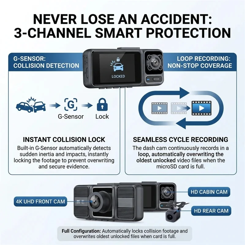 4K Dashcam 3-Linsen-Fahrrekorder WiFi Auto-DVR Vorne Innen Hinten – Bild 6
