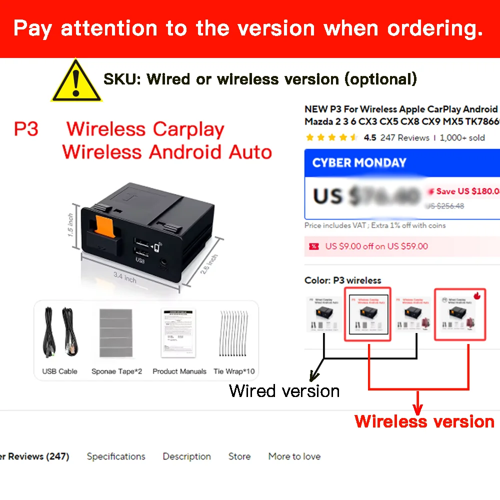 P2 Kabelgebundener oder P3 Kabelloser Apple CarPlay Android Auto – Bild 2