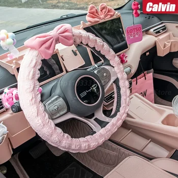 Auto Lenkrad Abdeckung Neue WInter Warme Weiche Plüsch Cartoon Auto bowknot Innen Zubehör 38 cm Griff