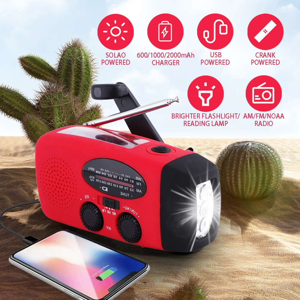 2000 mAh Notfallradio mit LED-Leuchten, Radio, USB-Solar-Ladelicht, für Outdoor-Reisen, tragbar