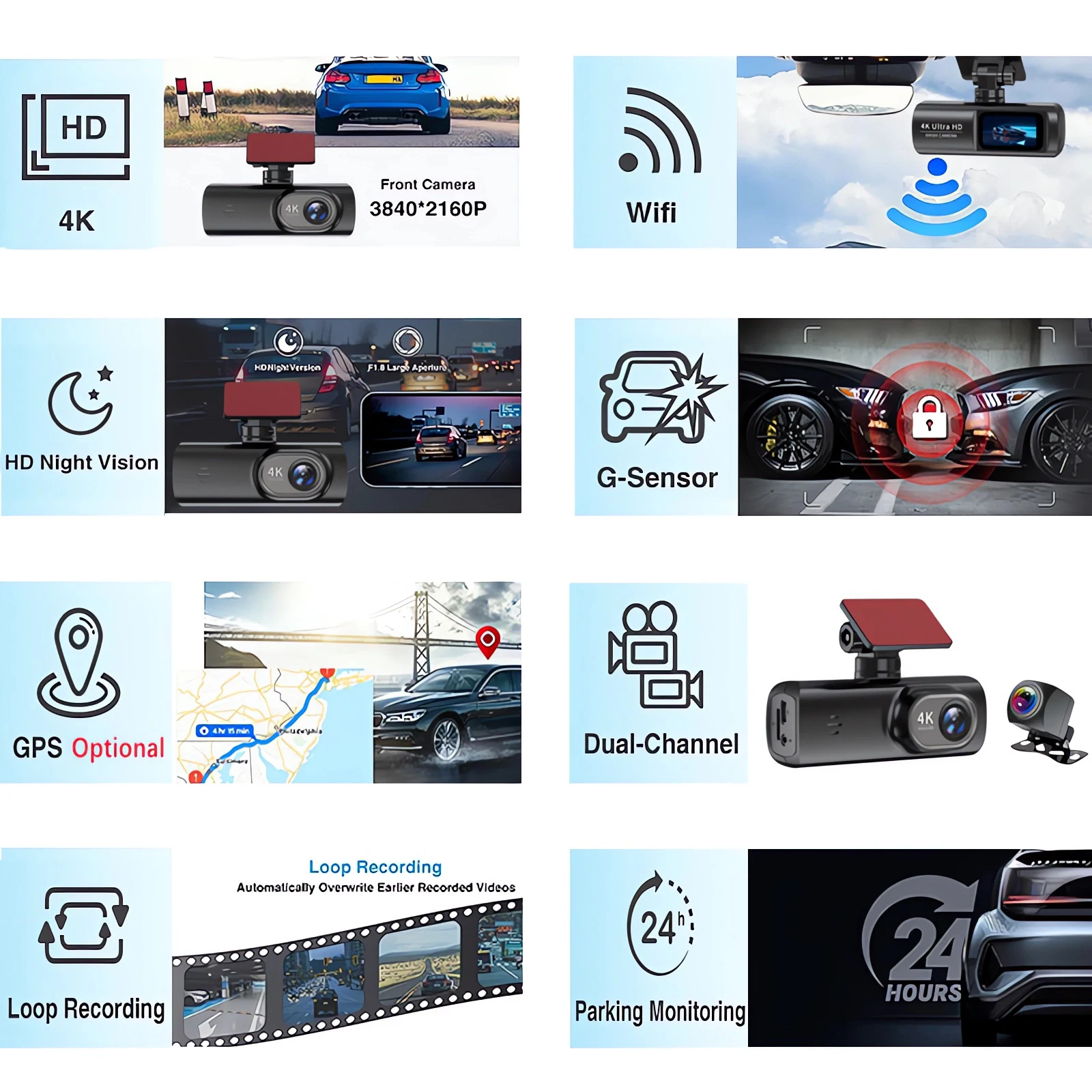 Dashcam 4K 3840*2160P WLAN Auto-DVR Vorder- und Rückkamera – Bild 5