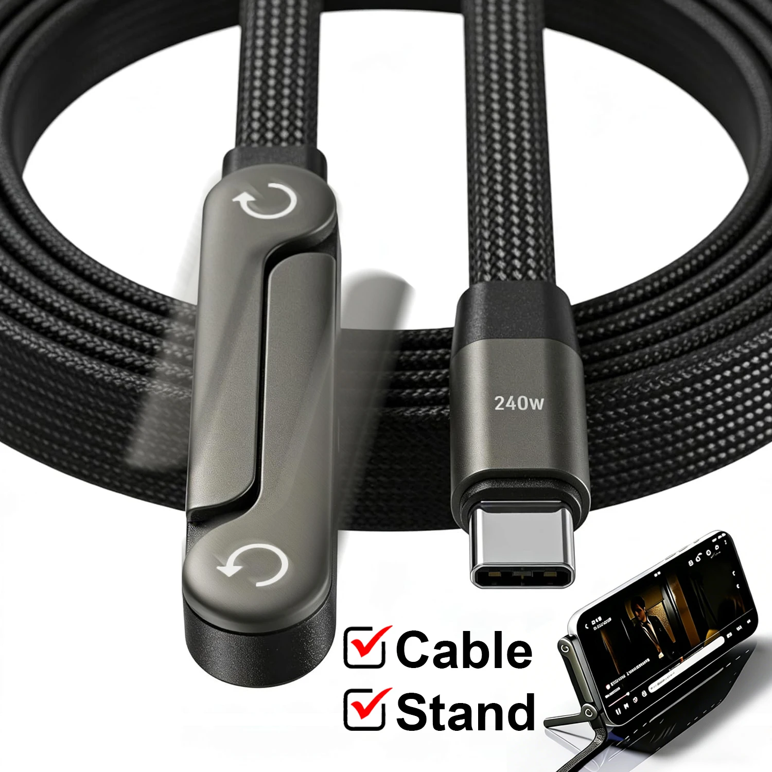 240W Typ-C zu Typ-C Kabel, Winkel-Ladekabel, faltbarer Ständer, Handyhalter für iPhone 17/16/15, für Samsung