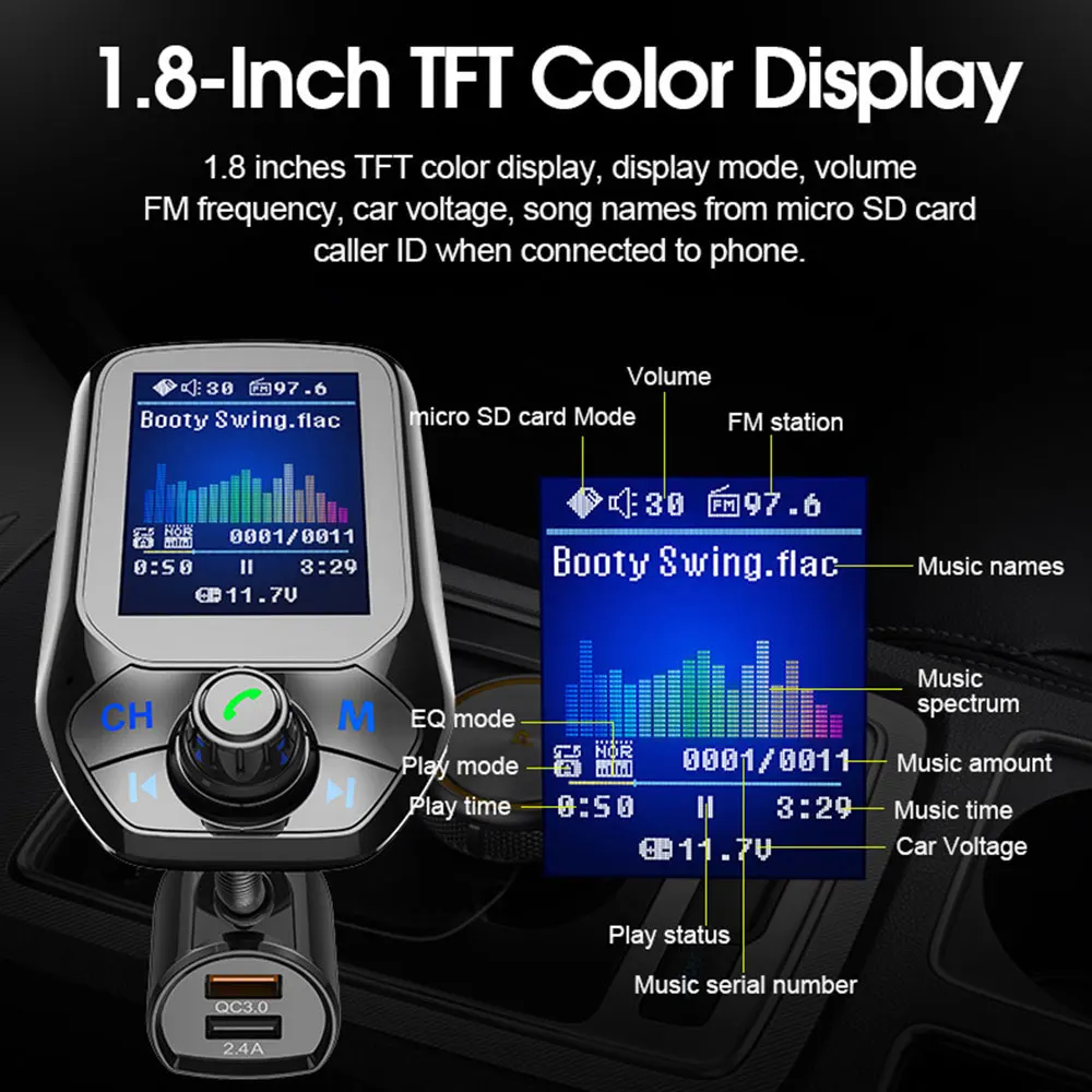 Bluetooth FM-Transmitter Freisprecheinrichtung 1,8'' TFT-Display – Bild 2