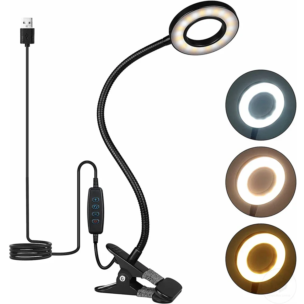 48 LED USB Buchlicht Clip Schreibtischlampe Leseleuchte mit 3 Farbmodus 10 Helligkeitsdimmer 360 ° Flexible