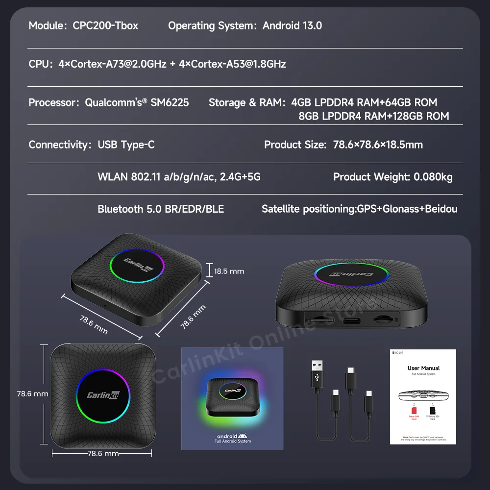 Carlinkit Android 13 Tv Box LED 8 + 128 GB CarPlay Wireless Android – Bild 6