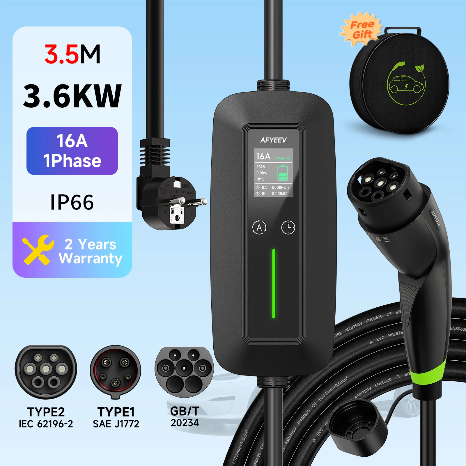Tragbares Typ2 IEC62196-2 EV-Ladegerät 3600 W 16 A Typ 1 SAE J1772 Elektroauto-Ladegerät GB/T EVSE Ladekabel