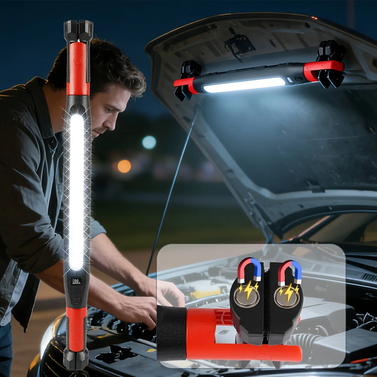 LED-Magnet-Arbeitsleuchte, wiederaufladbar, mit Haken und drehbarem Magnetfuß für Autoreparaturen und Notfälle