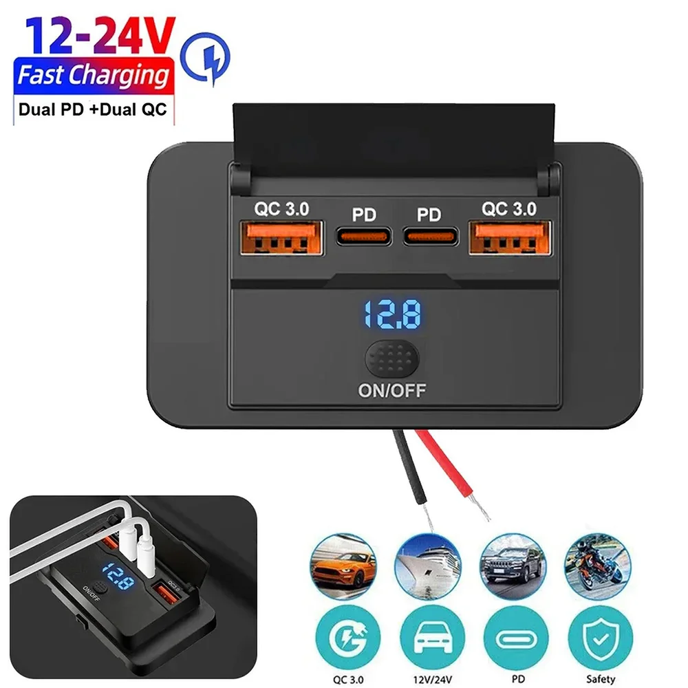 4-Port USB-Autoladegerät 12V Schnellladung PD 30W/15W Typ C QC 3.0 Schnelladapter für Mobiltelefone