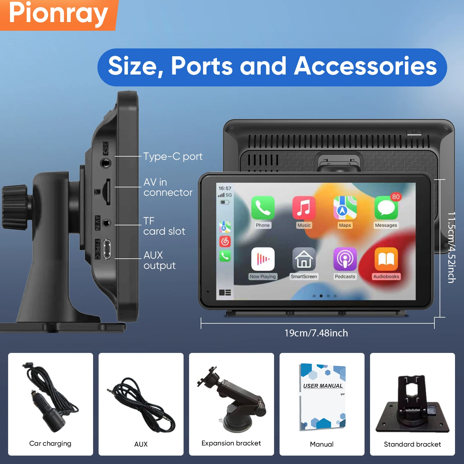 Pionray 7/10 Zoll Android Auto Universal Tragbare CarPlay für Auto Bildschirm Auto Radio Video Drahtlose