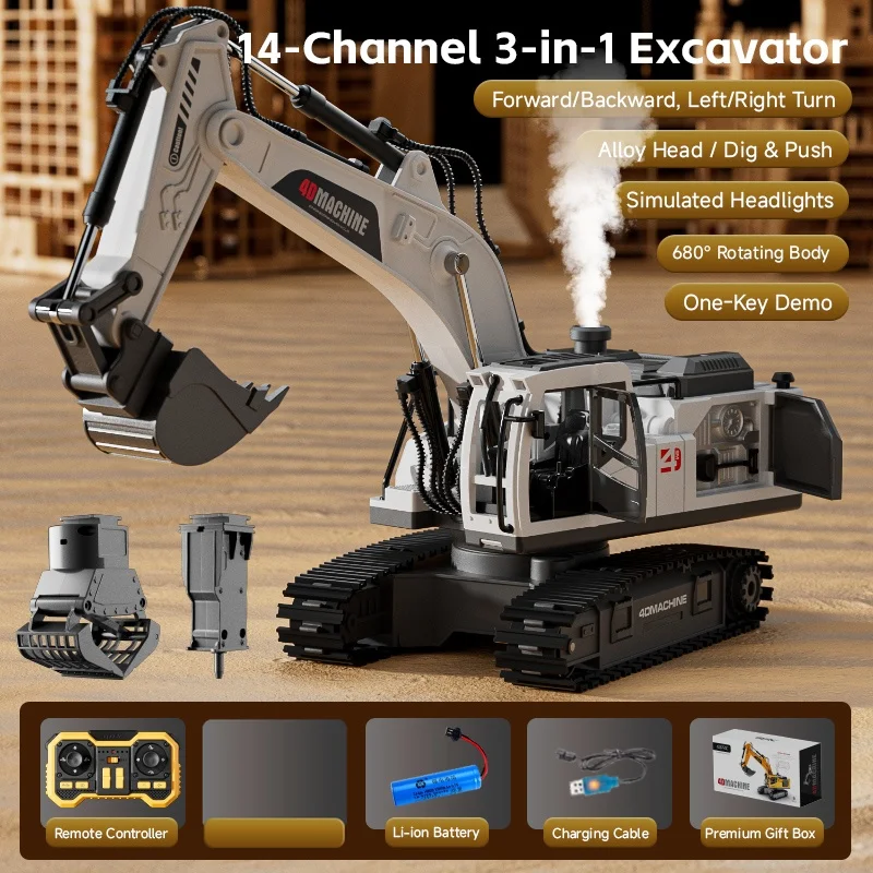 RC Bagger 14-Kanal 3-in-1 RC Baufahrzeug Ferngesteuerter Raupenbagger aus Legierung RC Modellauto Spielzeug