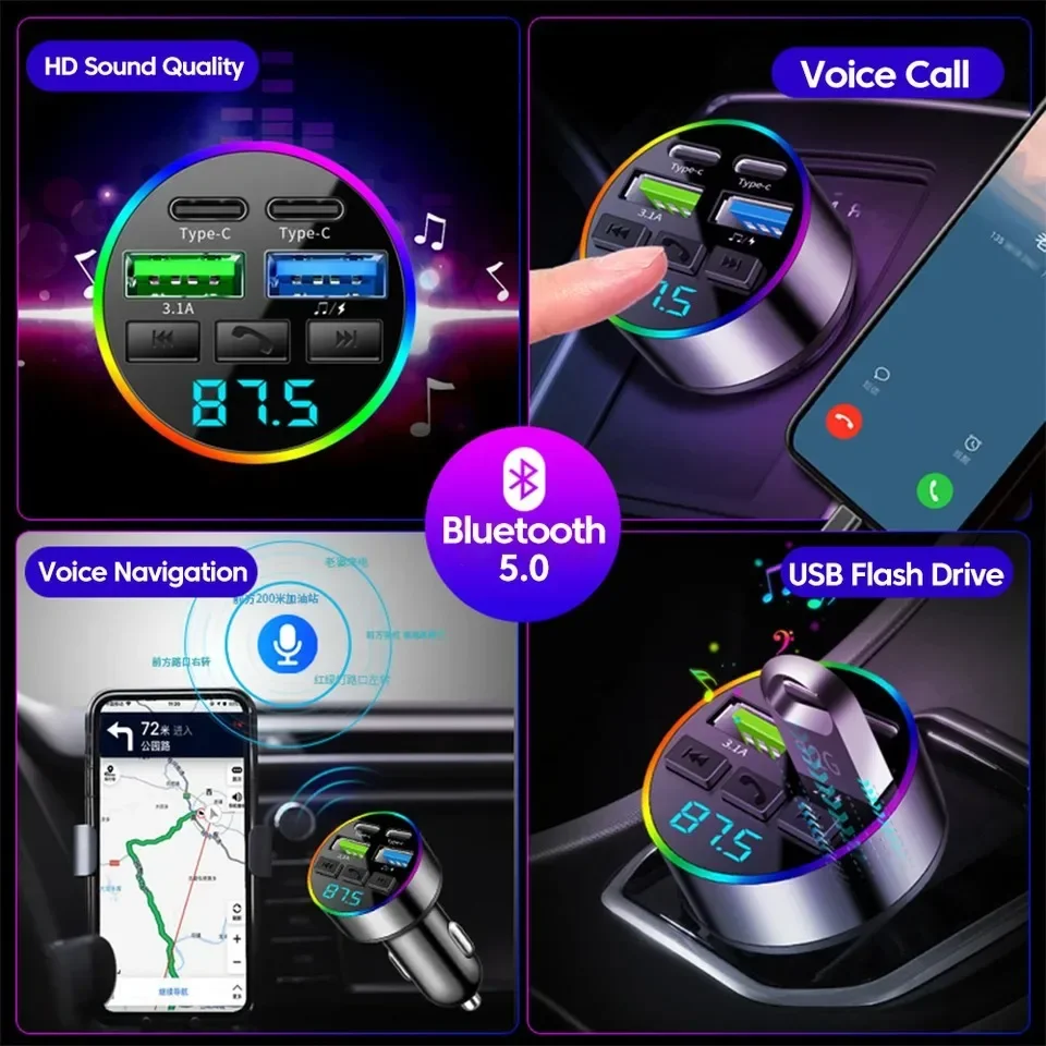 Bluetooth 5.0 FM-Transmitter Freisprech-Autoladegerät 3,1 A USB PD – Bild 2