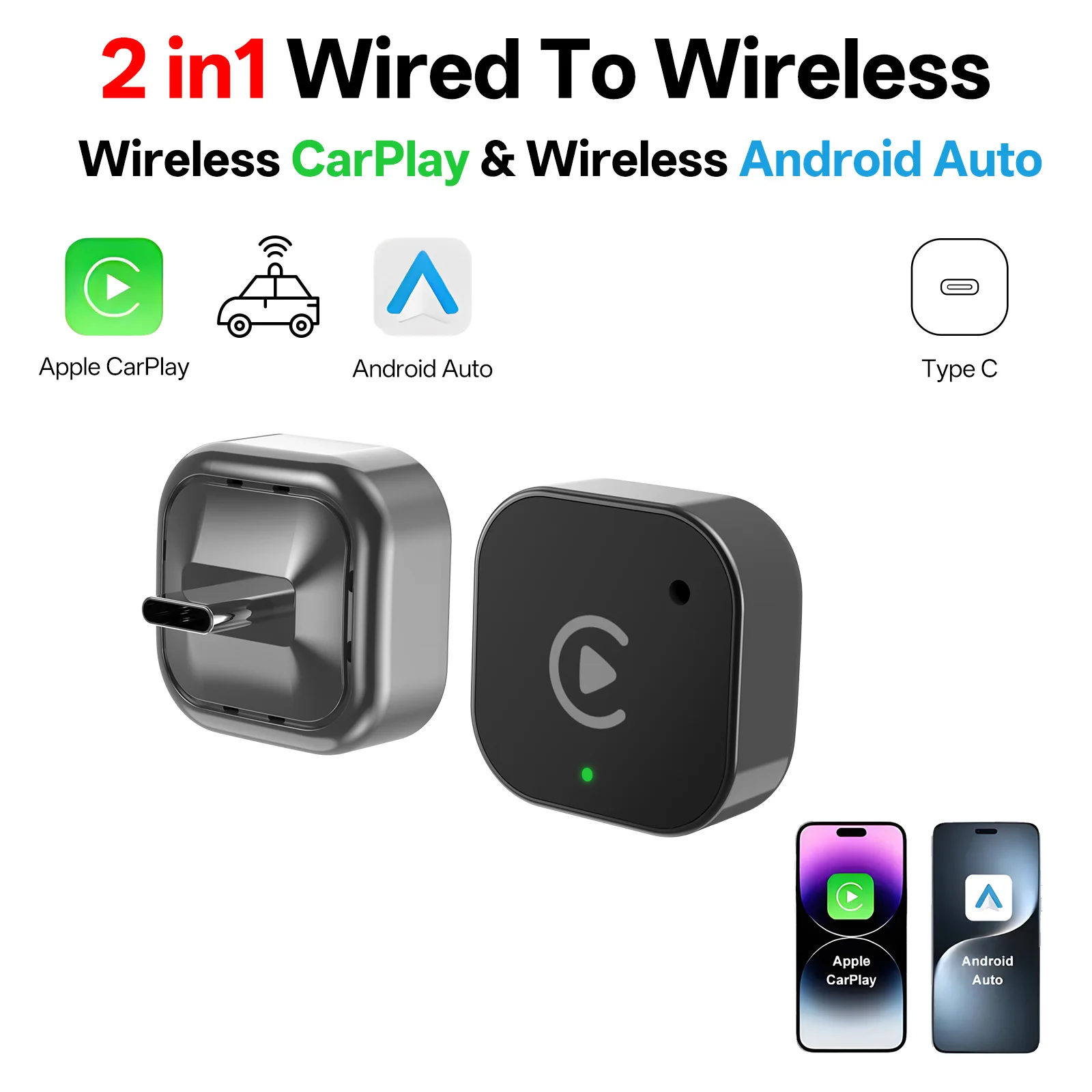 2026 Kabelloser CarPlay-Adapter CarPlay & Android Auto, Type-C-Anschluss, Wandelt Kabelgebunden in Kabellos