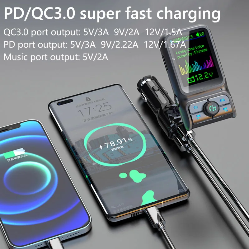 Bluetooth 5,0 FM Transmitter Car MP3 Player QC 3,0 PD24W Dual USB – Bild 6