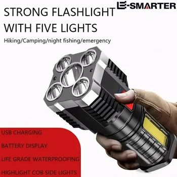 5 LED-Hochleistungs-LED-Taschenlampen, wiederaufladbarer Camping-Scheinwerfer mit Seitenlicht, 3