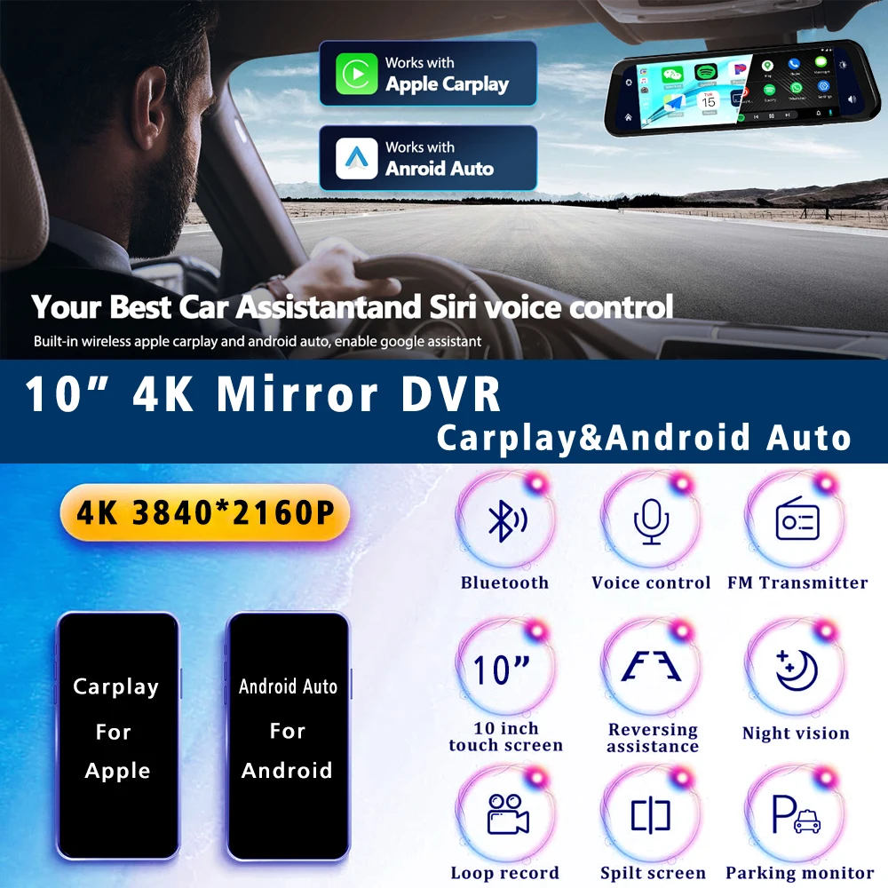 10 "Dash Cam 4K 3840*2160P Auto Dvr Carplay Android Auto GPS 5G WIFI – Bild 2
