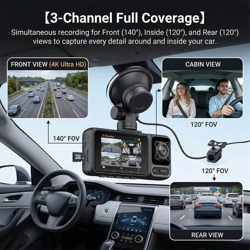 4K Dashcam 3-Linsen-Fahrrekorder WiFi Auto-DVR Vorne Innen Hinten – Bild 3
