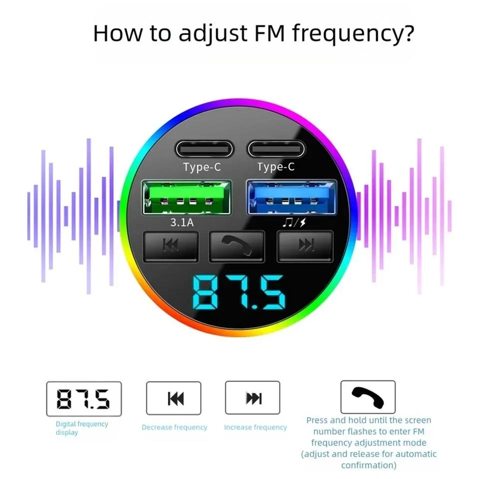 Bluetooth 5.0 FM-Transmitter Freisprech-Autoladegerät 3,1 A USB PD – Bild 5