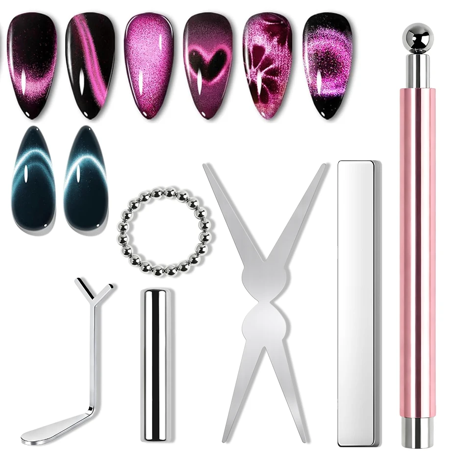 Cat-Eye-Nagel-Magnet-Werkzeug-Set, französische Tipps, Cat-Eye-Herz-Magnete, Nagel-Magnet-Stick (6 Stück)