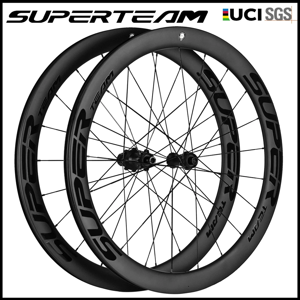 SUPERTEAM Carbon-Rennrad-Laufradsatz 700C Scheibenbremse 50mm Tubeless Clincher Fahrradräder 6-Pawl-Nabe