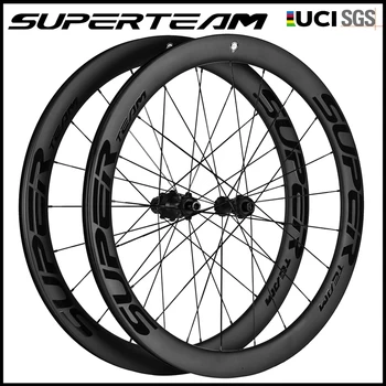 SUPERTEAM Carbon-Rennrad-Laufradsatz 700C Scheibenbremse 50mm Tubeless Clincher Fahrradräder 6-Pawl-Nabe