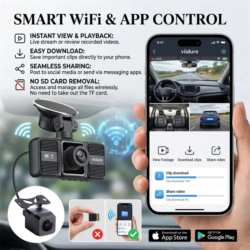 4K Dashcam 3-Linsen-Fahrrekorder WiFi Auto-DVR Vorne Innen Hinten – Bild 4