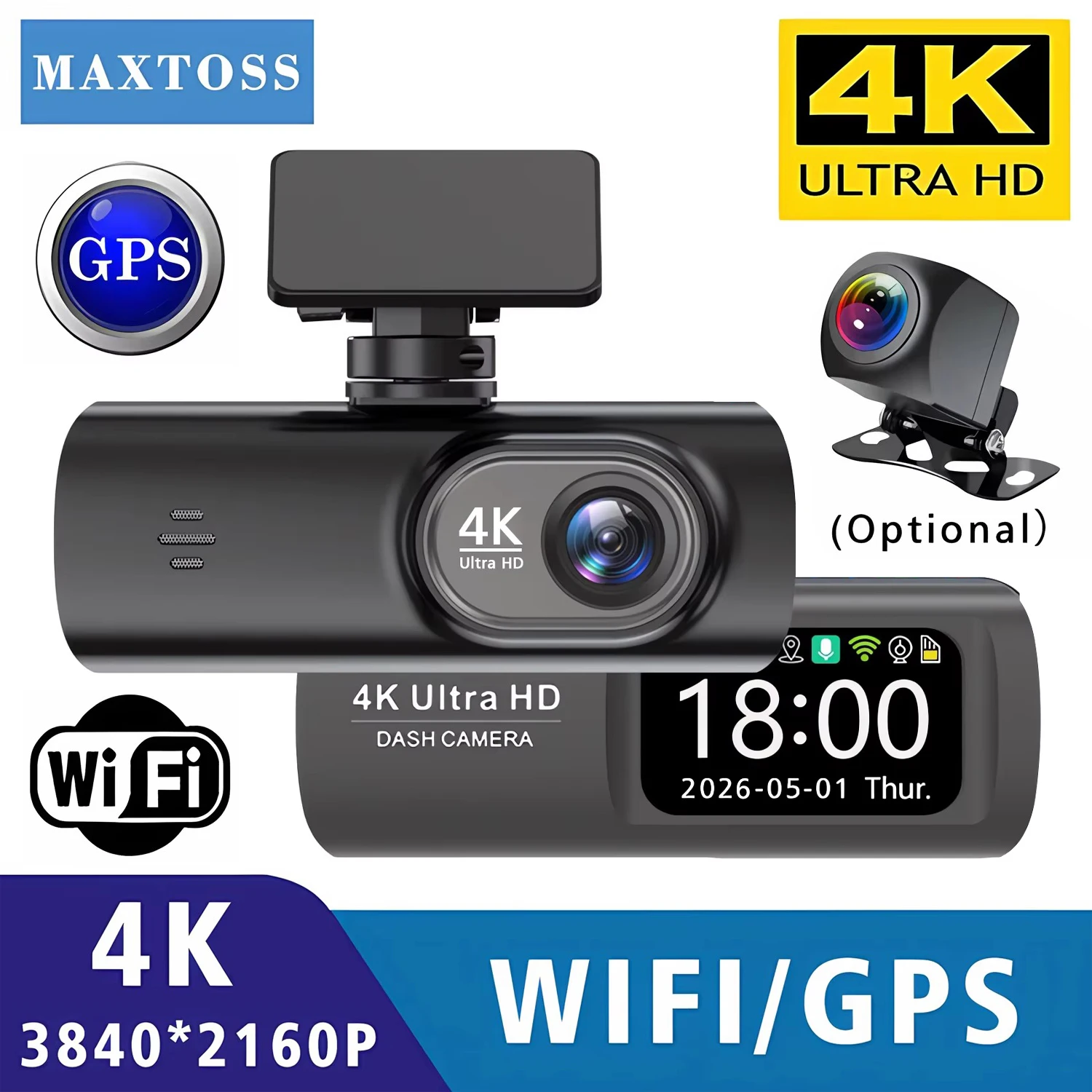 Dashcam für Autos 4K UHD-Aufnahme Front- und Rückkamera HDR Nachtsichtrekorder Eingebautes WLAN