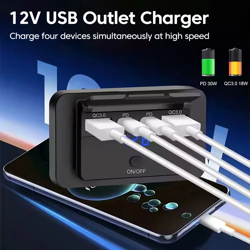 4-Port USB-Autoladegerät 12V Schnellladung PD 30W/15W Typ C QC 3.0 – Bild 2