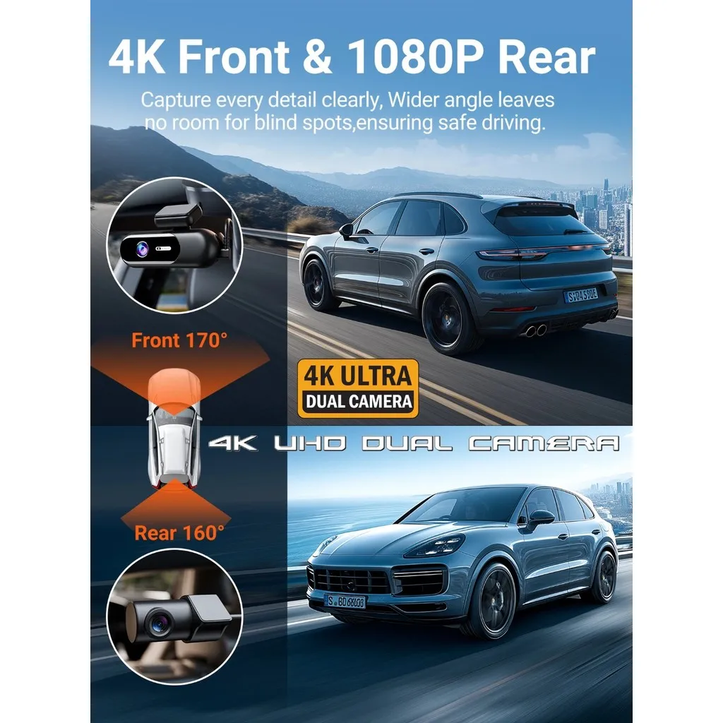 Dashcam für Auto 4K UHD Aufnahme Vorne Hinten Autokamera HDR – Bild 2