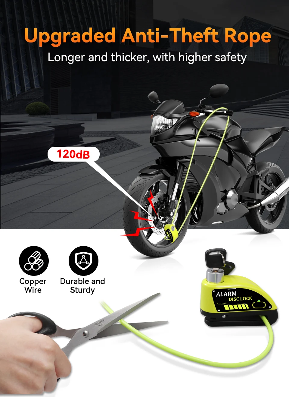 Extractme Motorrad Alarm Scheibenbremse Schloss 120dB Fahrrad Rad Disk – Bild 3
