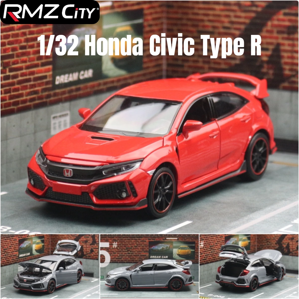 1/32 Honda Civic Type R Spielzeugauto für Kinder, Druckguss-Miniaturmodell, Türen zurückziehen, zu öffnender