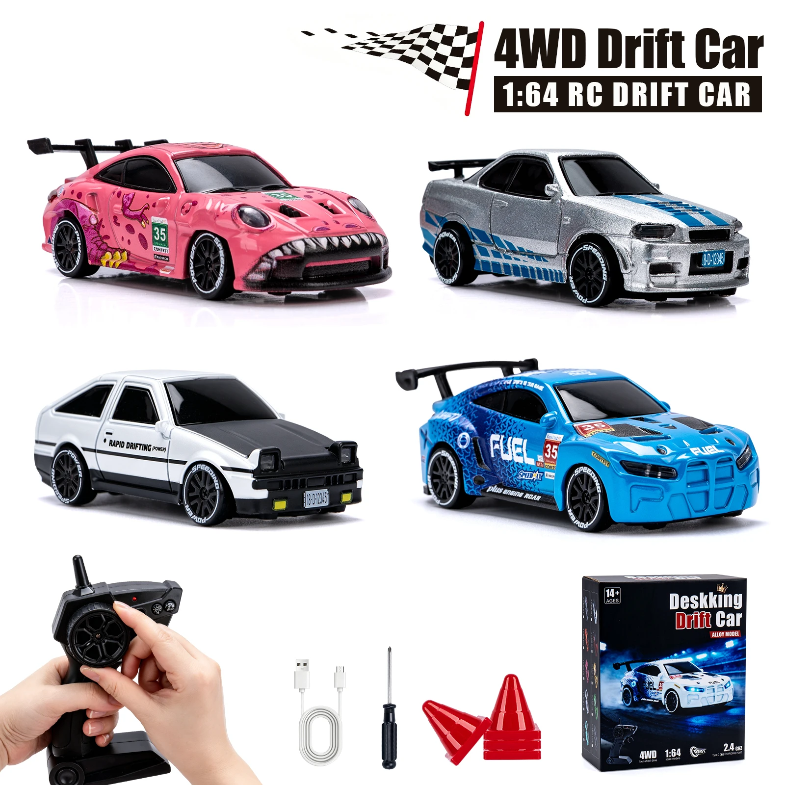 1/64 Hochgeschwindigkeits-Drift-RC-Auto mit Licht, 2,4G 4WD Ferngesteuertes Auto, Desktop-Mini-Rennwagen