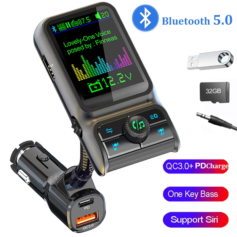 Bluetooth 5,0 FM Transmitter Car MP3 Player QC 3,0 PD24W Dual USB Schnell Ladegerät Bunte Umgebungs Licht Auto