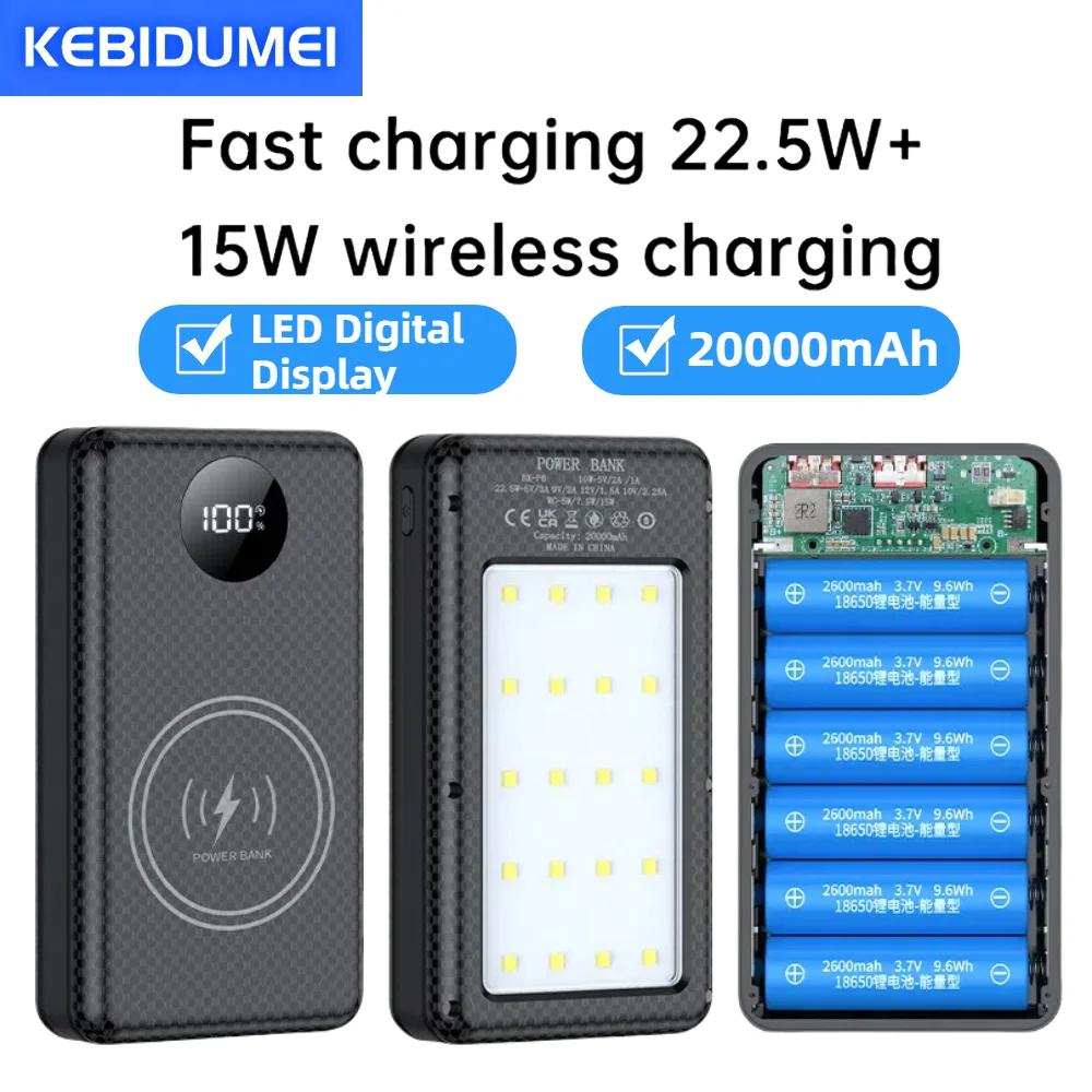 Powerbank-Gehäuse für 6× 18650 Akkus, 22,5 W und 15 W kabellos